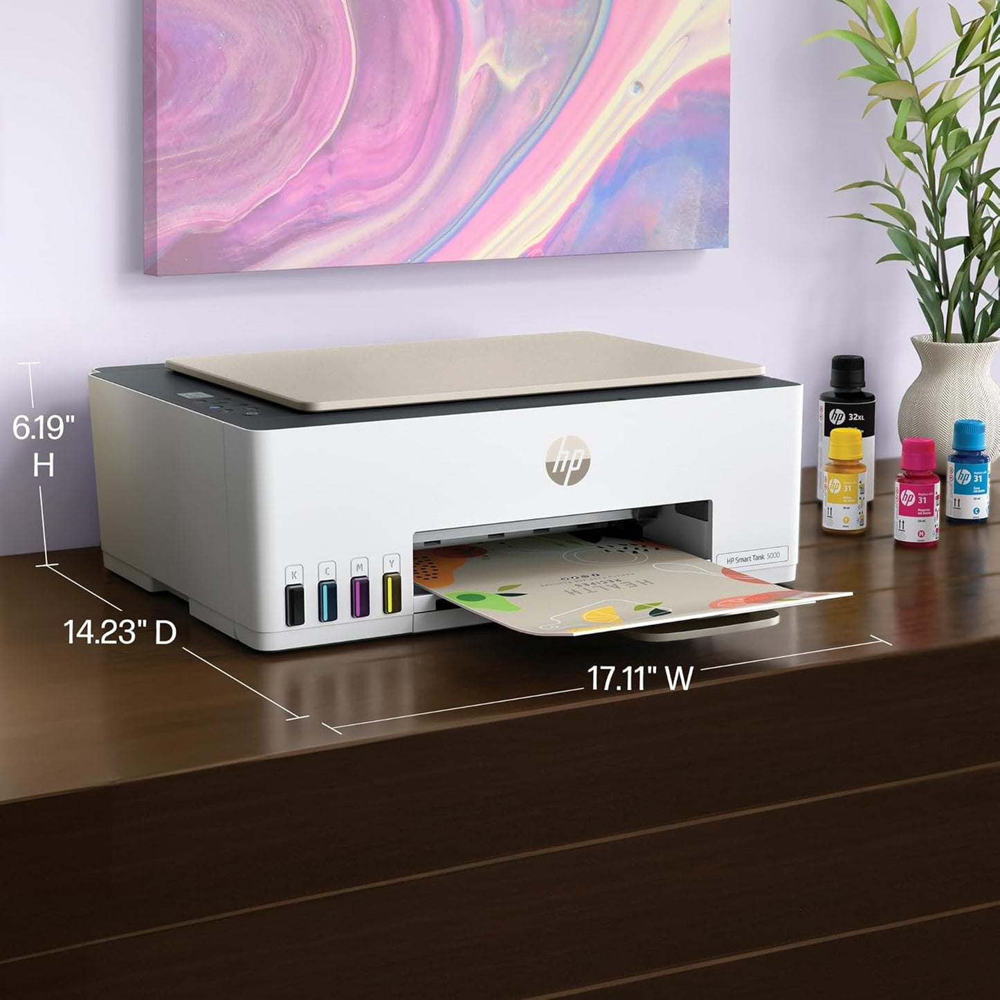HP Smart Tank 5000 Wireless All-In-One Ink Tank Printer, Scanner, Copier with 2 Years of Ink Included, Best-For-Home, Cartridge-Free, Refillable and Ai-Enabled. (5D1B6A)