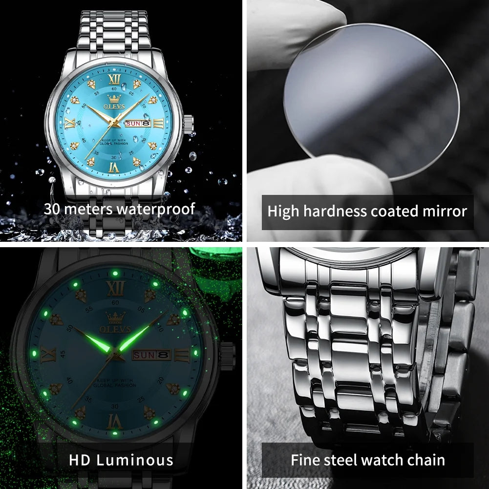 Watches for Men Classic Business Dress Analog Quartz Stainless Steel Waterproof Luminous Date Diamond Mens Wrist Watches Relojes De Hombre,Gold/Blue/Black Dial