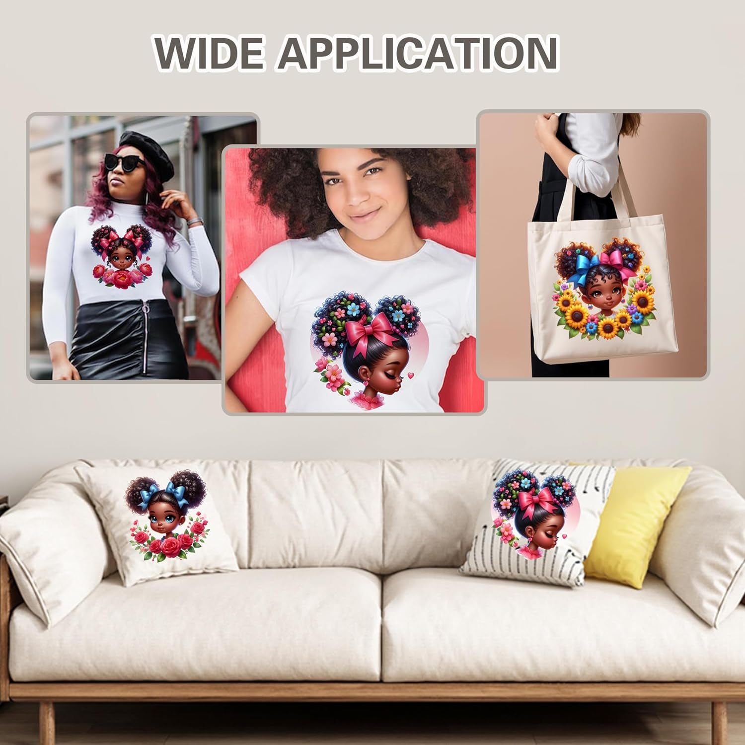 20 Pcs 7 Inch Vinyl DTF Heat Transfers for Shirts with Afro Girl and Floral Heart Designs for DIY Apparel Crafting and Gift Projects