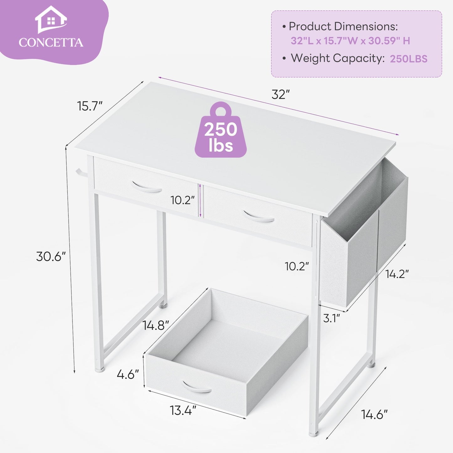 32 Inch Small Desk with Fabric Drawers & Storage Bag Iron Hook, Computer Desk,White Vanity Desk with Storage for Bedroom, White