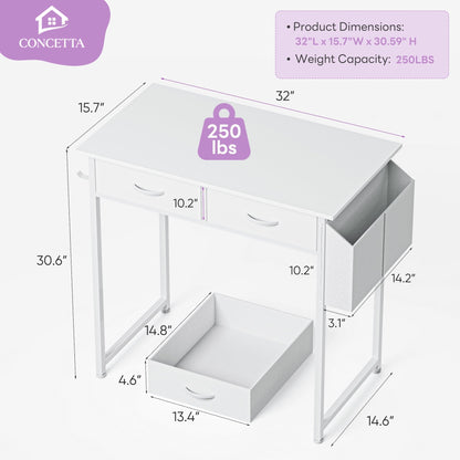 32 Inch Small Desk with Fabric Drawers & Storage Bag Iron Hook, Computer Desk,White Vanity Desk with Storage for Bedroom, White