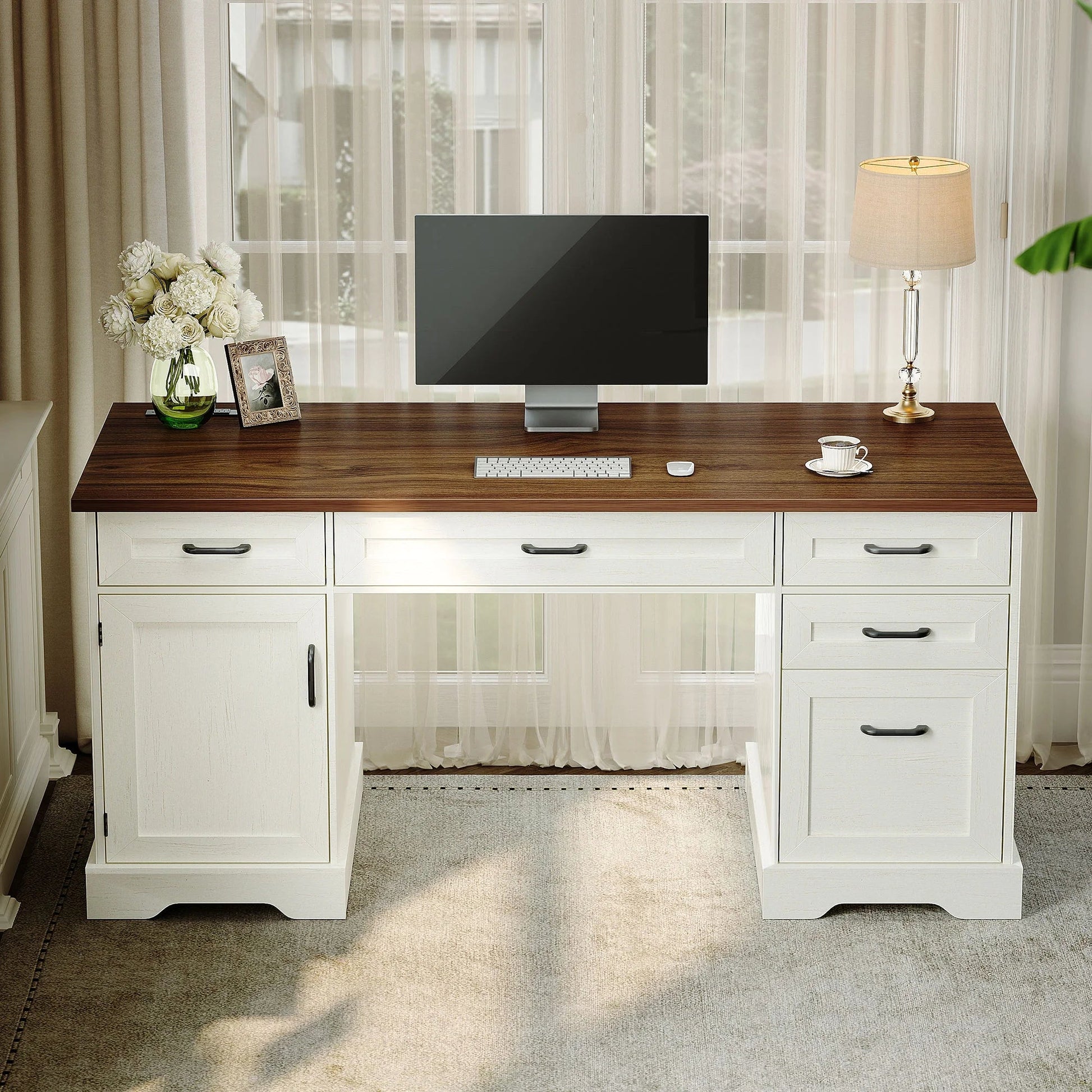 Home Office Desk with File Cabinet and Drawers, 59" Executive Desk with USB Power Outlet, Storage Cabinet for CPU, Workstation Table for Study, Walnut & Warm White