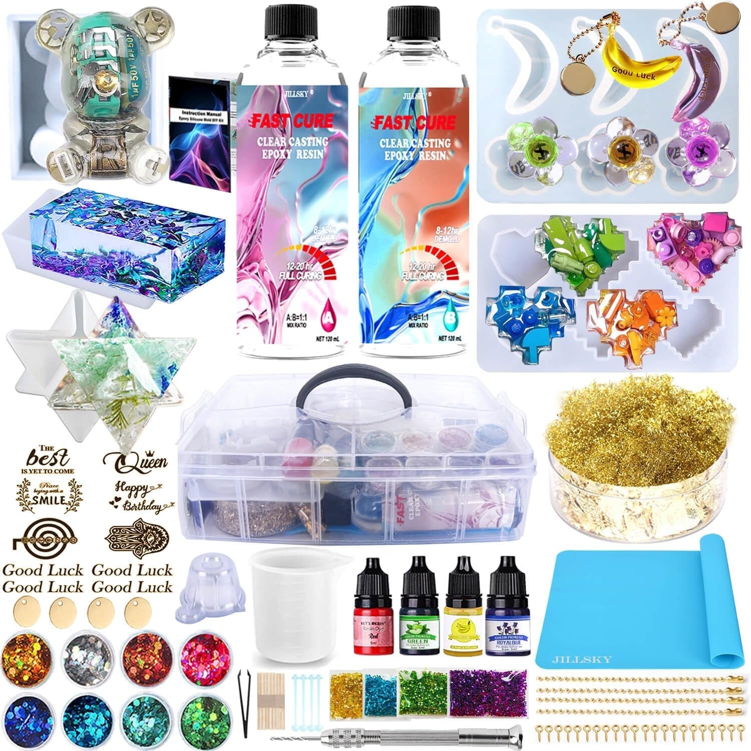 JILLSKY Epoxy Resin Kit 16Oz with Molds & Storage Box, Fast Cure Clear Casting Resin for Jewelry Making, Keychains, Coasters, and DIY Crafts with Pigments & Glitter