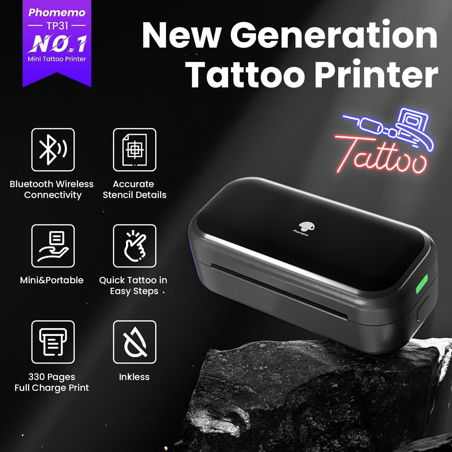Phomemo TP31 Mini Tattoo Stencil Printer,Bluetooth Tattoo Printer with 30Pcs Transfer Paper,Tattoo Machines Printers for Tattoo Beginners & Artists Temporary Tattoo Maker