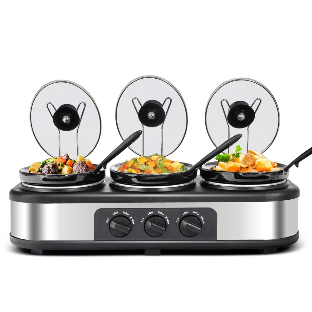 Triple Slow Cooker, 3X1.5 Quart Electric Slow Cooker Buffet Server, Food Warmer Cooking Pot, Adjustable Temp Removable Ceramic Pots Lid Rests