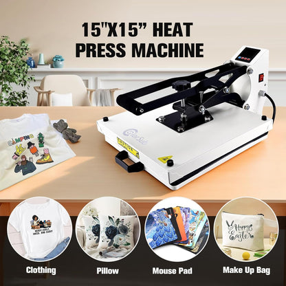Colorsub Heat Press Machine for T-Shirt 15X15, Digital Industrial Quality Heat Press Machine Clamshell Transfer Sublimation Print Press Machine White