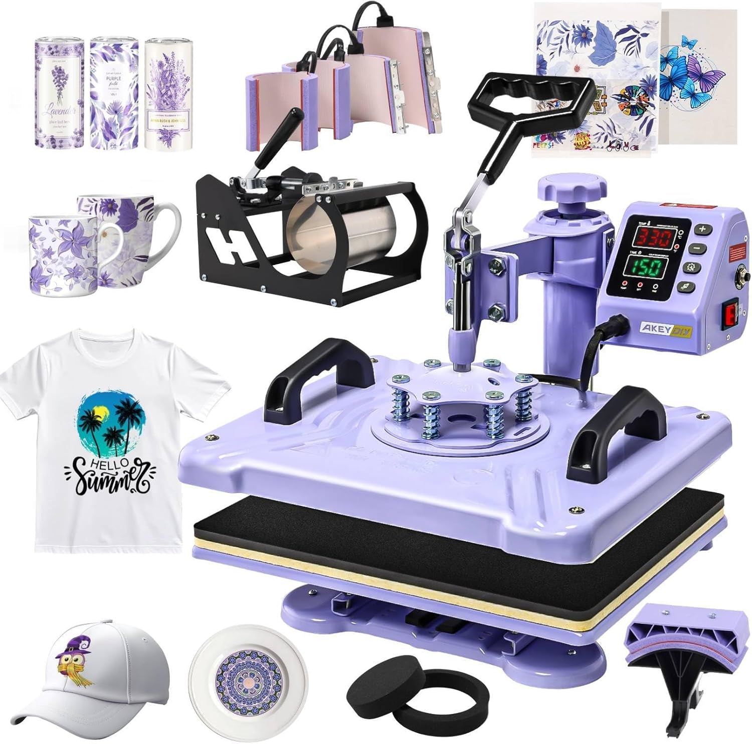 AKEYDIY Heat Press 15X12 Inch, 8 in 1 Heat Press Machine for T-Shirts Hat Cap Mug Plate, 360° Swing Away Shirt Pressing Machine, Sublimation Heat Transfer Machine with Tumbler Press Hat Press, Purple