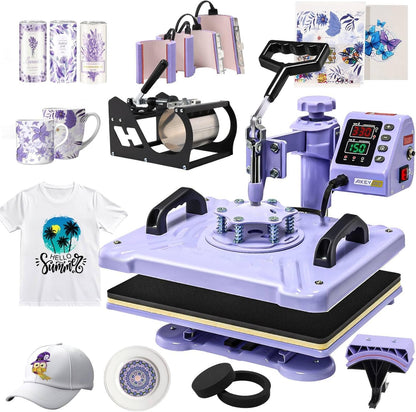 AKEYDIY Heat Press 15X12 Inch, 8 in 1 Heat Press Machine for T-Shirts Hat Cap Mug Plate, 360° Swing Away Shirt Pressing Machine, Sublimation Heat Transfer Machine with Tumbler Press Hat Press, Purple