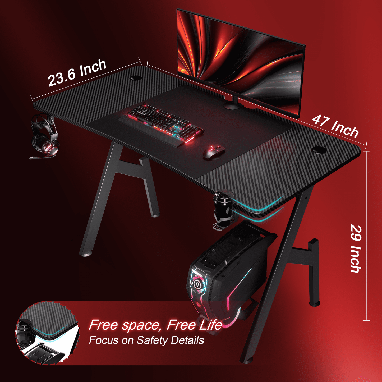 47 Inch Gaming Desk, Ergonomic Gamer Table, Computer Table, Pc Workstation