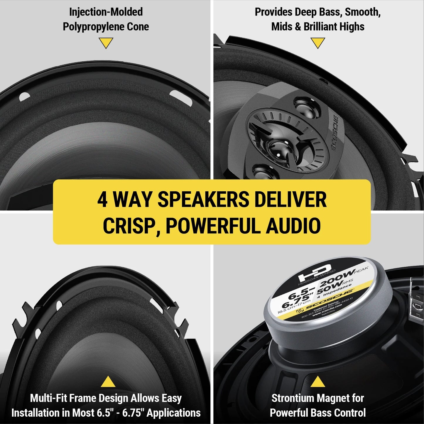 6.5" 4-Way Car Audio Speaker Pair – 200W Peak Power – Precision HD Sound, HD6504A-WM1SD