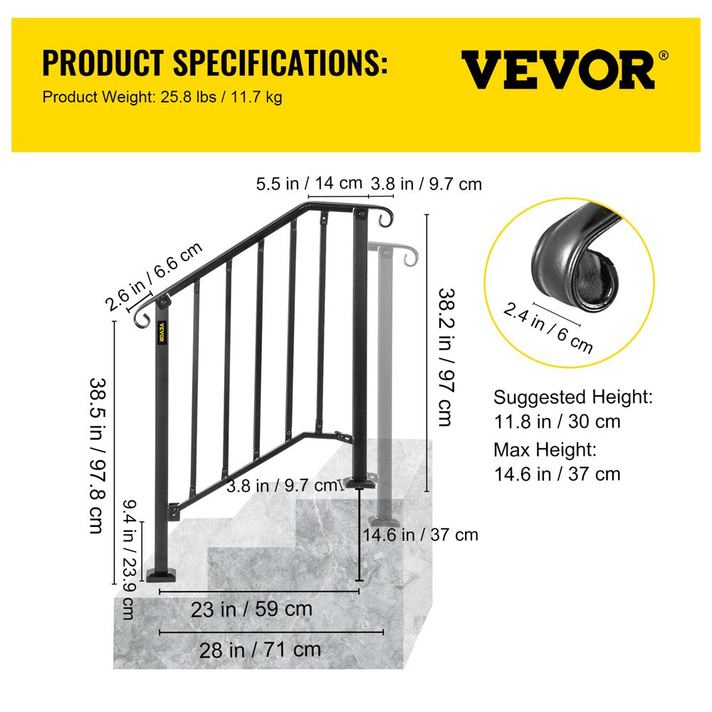 brand Handrail for Stairs Fits 2 or 3 Steps Outdoor Wrought Iron Handrail Height Adjustable Stair Railing, Matte Black