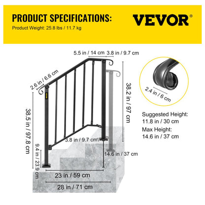 brand Handrail for Stairs Fits 2 or 3 Steps Outdoor Wrought Iron Handrail Height Adjustable Stair Railing, Matte Black