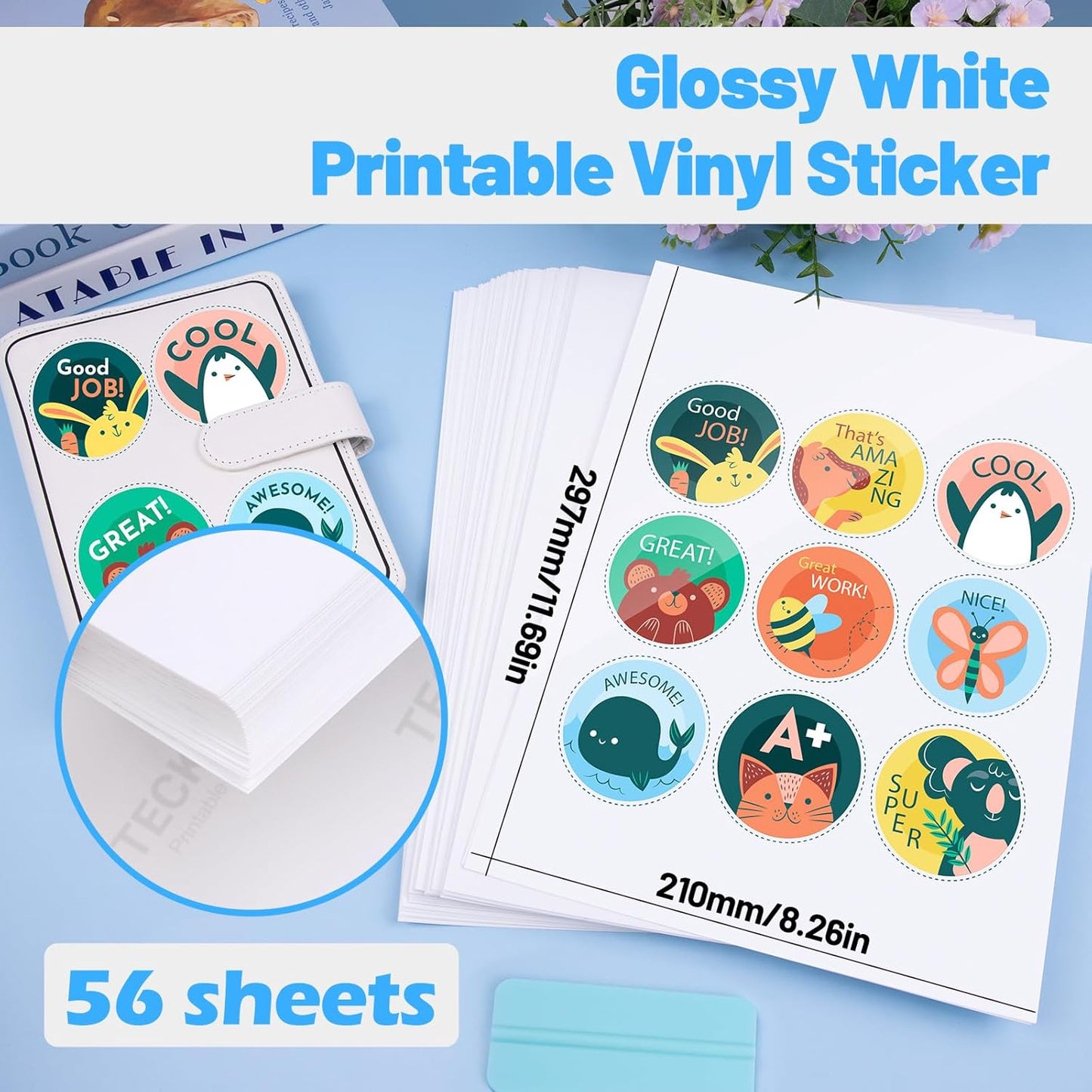 Printable Vinyl Sticker Paper for Inkjet Printer, Glossy Inkjet Printable Vinyl, 8.26" X 11.69" A4 56 Sheets/Pack Printing Paper for Craft Scrap-Booking, Stickers, Labels
