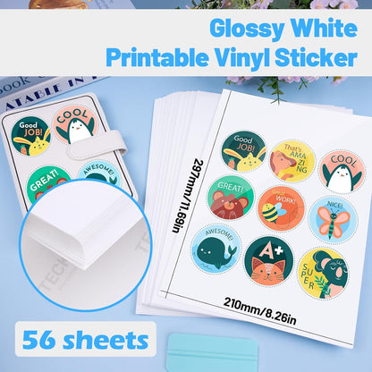 Printable Vinyl Sticker Paper for Inkjet Printer, Glossy Inkjet Printable Vinyl, 8.26" X 11.69" A4 56 Sheets/Pack Printing Paper for Craft Scrap-Booking, Stickers, Labels