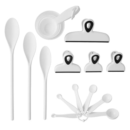 30-Piece Kitchen Gadget Set with Cooking Utensils, Measuring Cups, Clips, and Drawer Organizer, Black/White