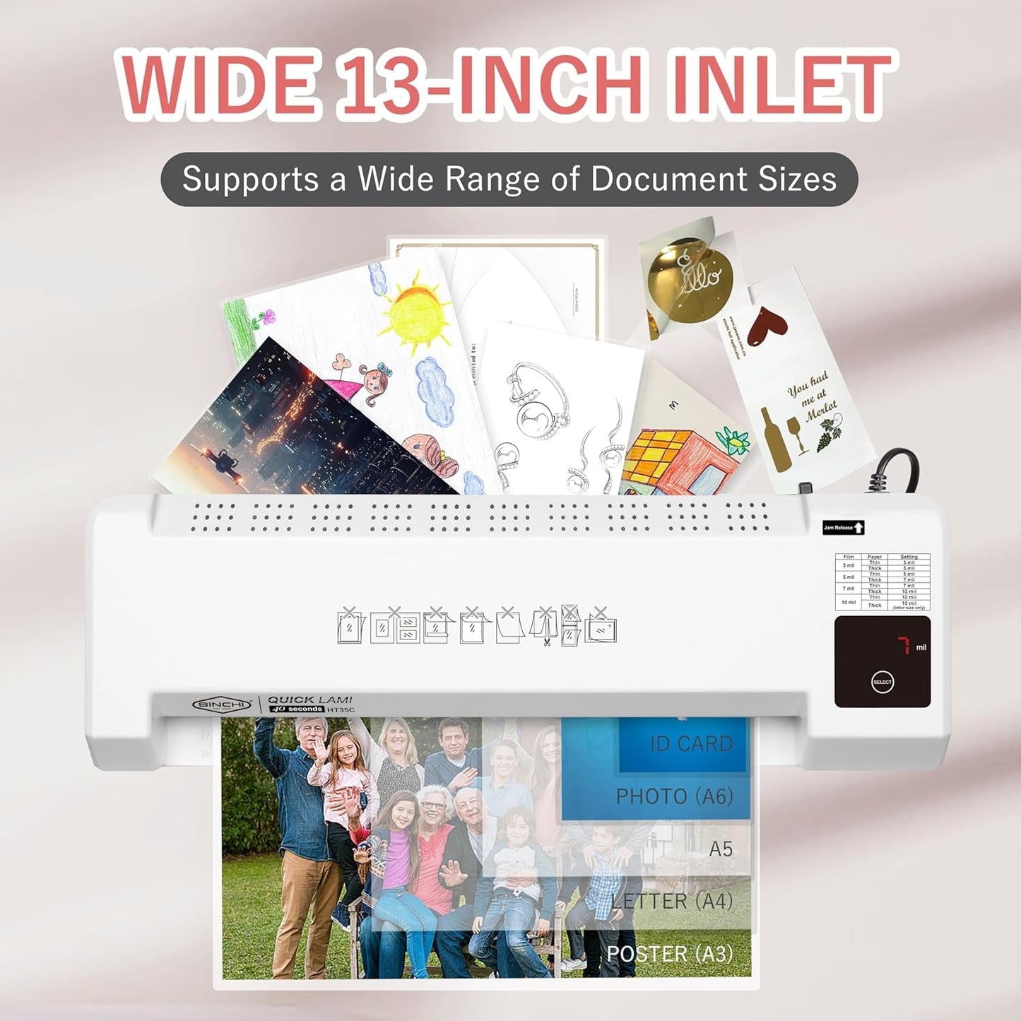 SINCHI 3–10 Mil Thermal Laminator & Foil Applicator – 13-Inch, 2-Large-Roller, 40S Warm-Up, 50S/Page, LED Touch Panel, Jam Release, Auto Shut-Off, 10 Sheets Included – for Office, School & Home Use
