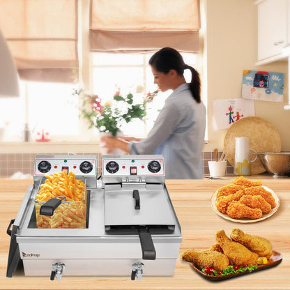 3000W 23.6L 24.9QT Electric Deep Fryer Commercial Restaurant Fry Basket 2 Tank