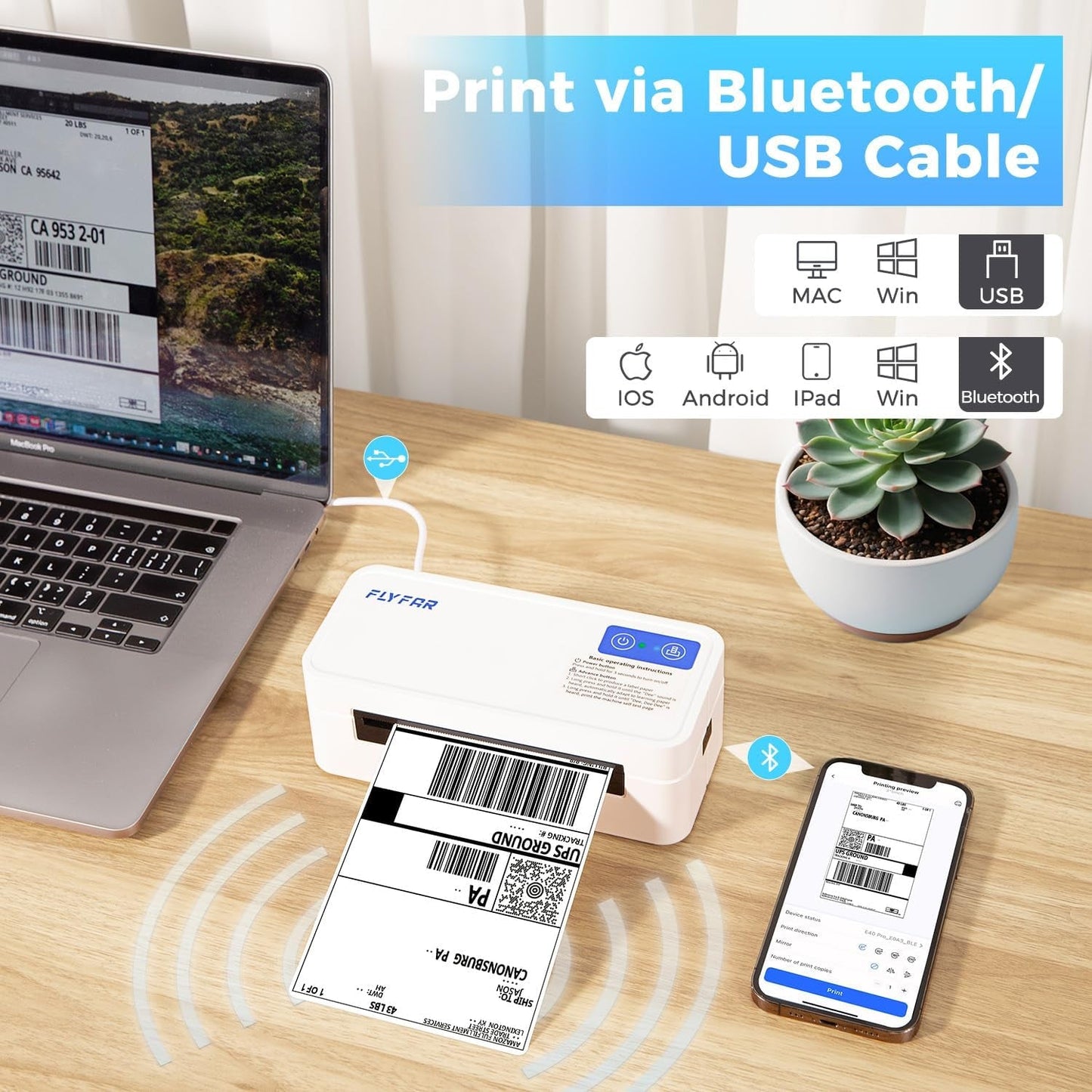 Bluetooth Thermal Shipping Label Printer, Wireless 4X6 Label Printer for Small Business, Compatible with Android, Windows, Iphone, Mac, Widely Used for Amazon, Shopify, Ebay, USPS, Etsy,Fedex (White)