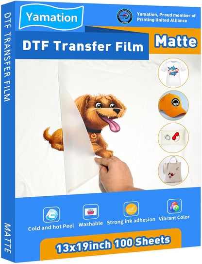 Yamation DTF Transfer Film: 13X19 Inch 100 Sheets Premium Double-Sided Matte Finish PET Transfer Paper Direct to Film Transfer Paper for T-Shirt