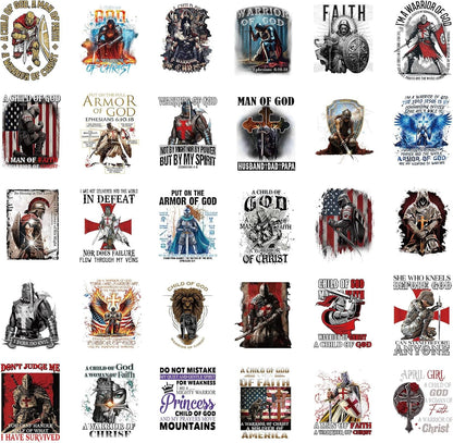 DTF Transfers Ready to Press - 30 PCS Christian Iron on Transfers for T-Shirts, Warrior of God Heat Decals Stickers for Hat Pillow Covers Backpack Clothes DIY Crafts Decor