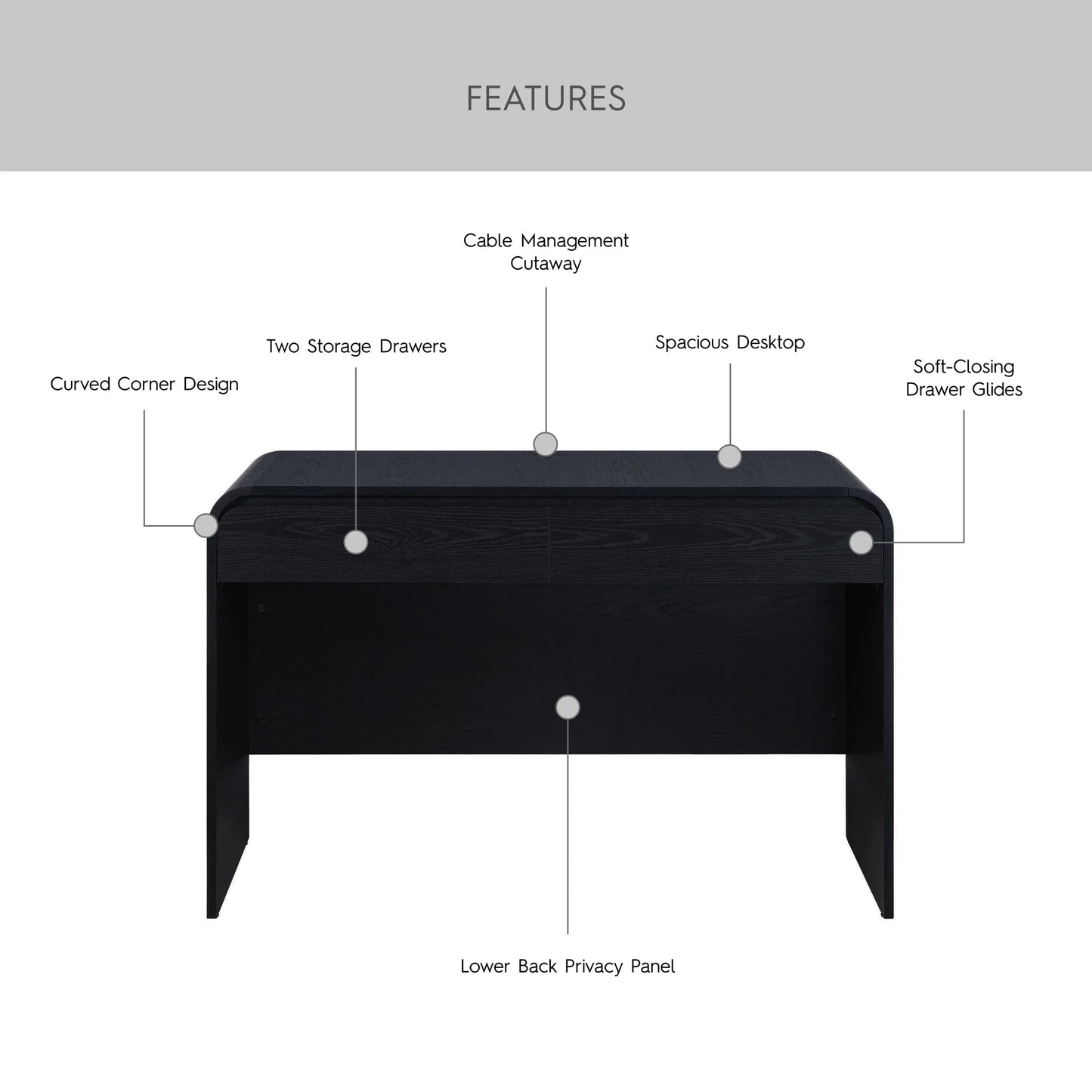 Juliet Curved Desk with Storage, Black Finish