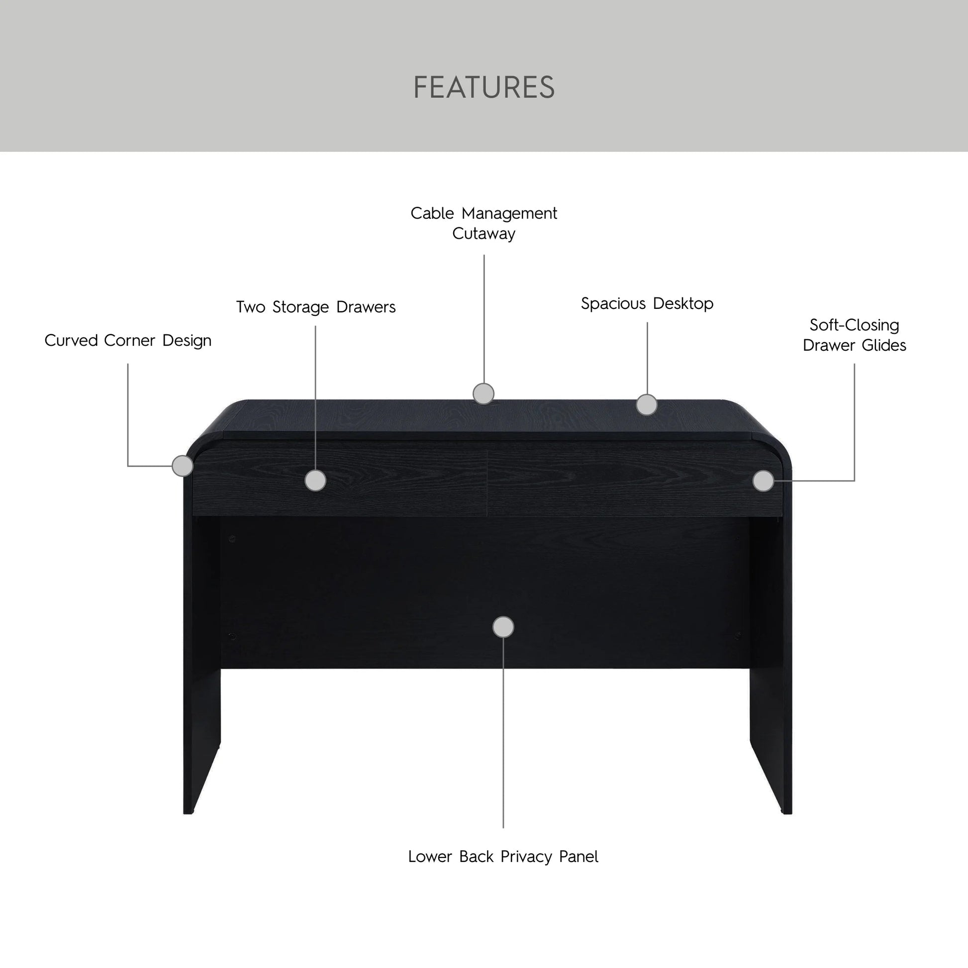 Juliet Curved Desk with Storage, Black Finish