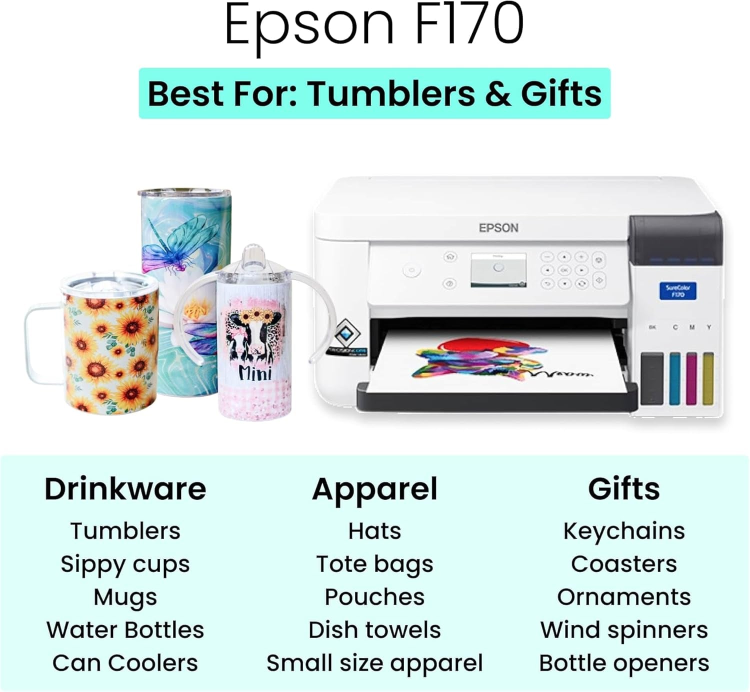 Epson Surecolor F170 Sublimation Starter Kit – Printer with CMYK Ink Set, Design Pack, 10 Sublimation Tumbler Pack, Sublimation Paper, Tape – Perfect for Beginners & Small Business