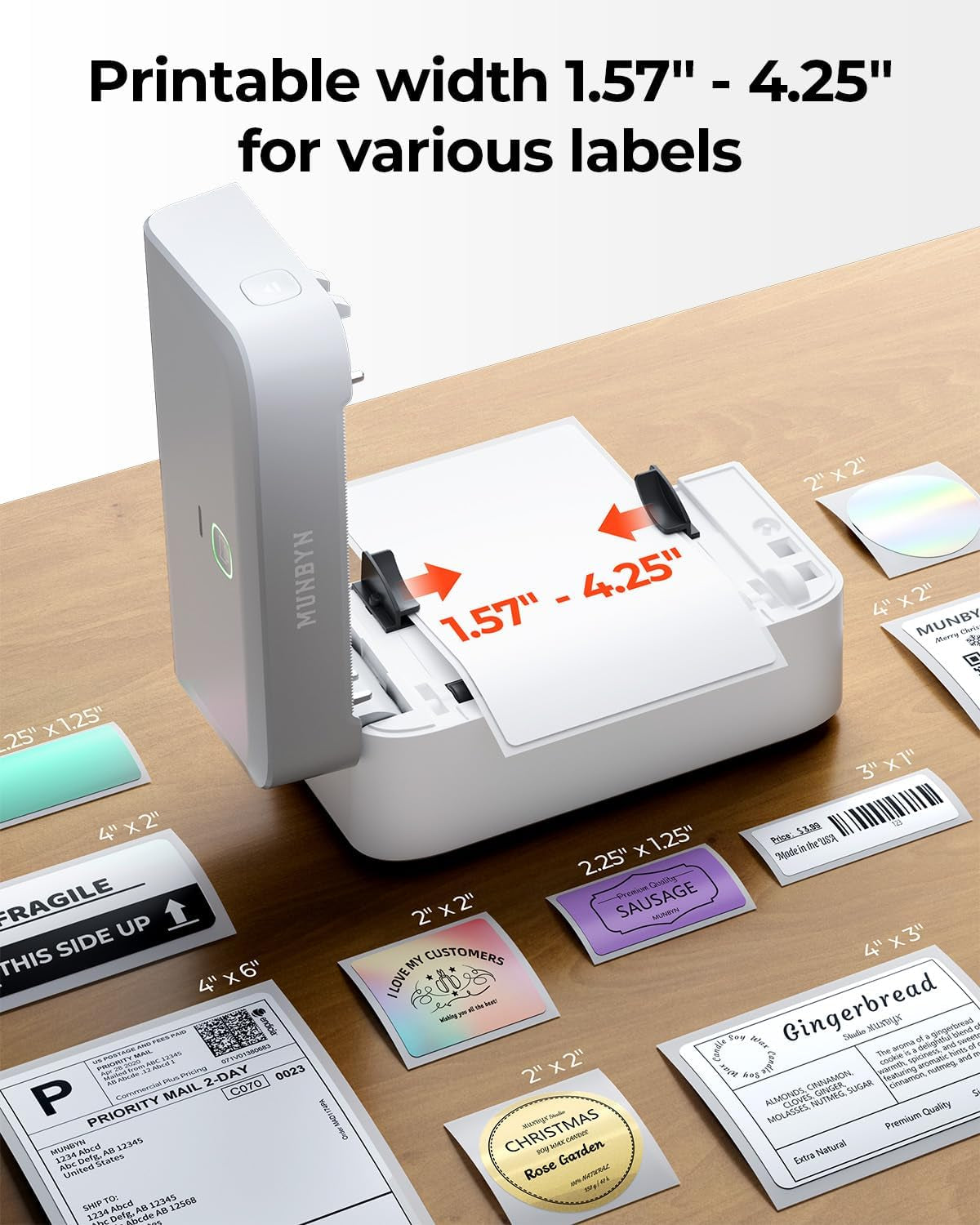 MUNBYN Bluetooth Thermal Label Printer RW403B, Wireless 4X6 Shipping Label Printer for Small Business, Compatible with Android, Iphone, Windows, Mac, Chromebook, Print Width 1.57"-4.25" (Grey)