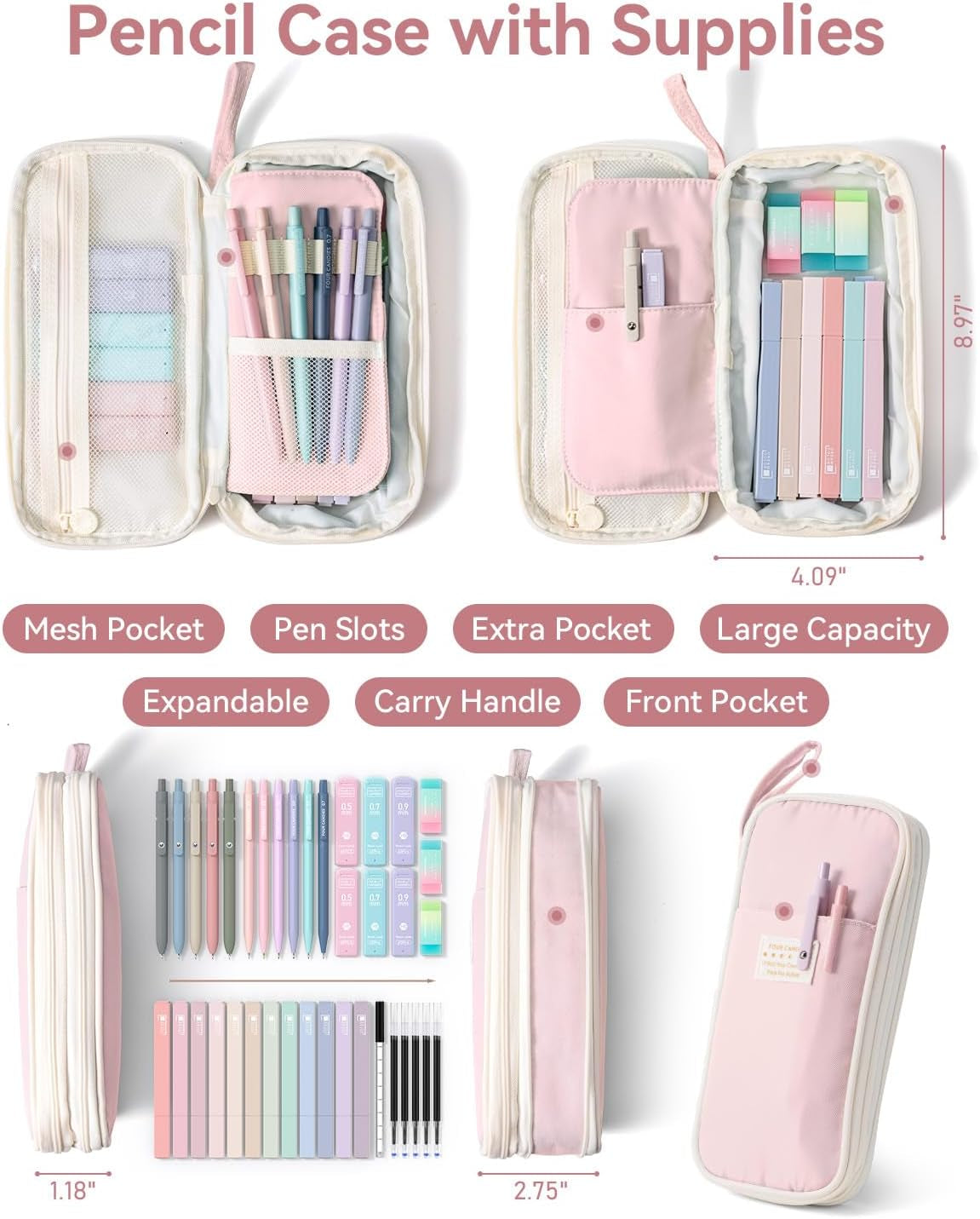 Four Candies 39 PCS Aesthetic School Supplies with Cute Pen Case, 12 Pastel Highlighters, 5 Black Ink Gel Pens, 6 Mechanical Pencils Set for Students Stationary College Essentials (Pink)