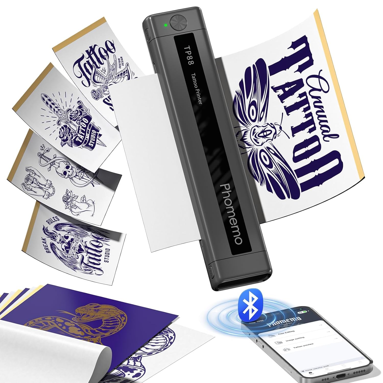 Phomemo TP88 Tattoo Transfer Stencil Printer- Thermal Tattoo Printer with 10Pcs Transfer Paper, Bluetooth Tattoo Machine for Tattoo Artists, Compatible with Smartphone & PC