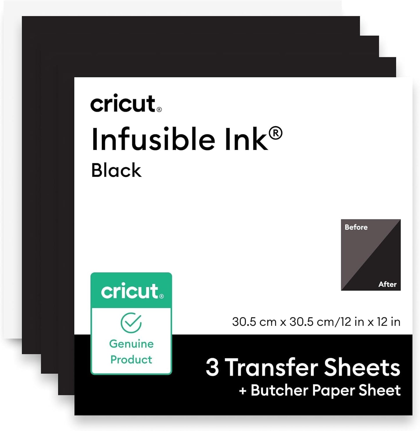 Cricut® Infusible Ink® Transfer Sheets, Black (3 Ct) - 12 X 12In - Comes with Butcher Paper - Personalize T-Shirts, Coasters, Baby Bodysuits, Tote Bags, & More