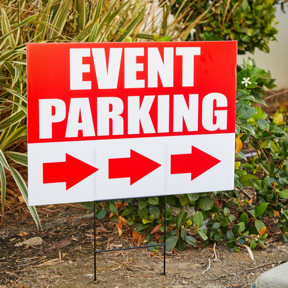6 Pack Outdoor Event Parking Signs with Arrows, 12 X 17 Inch Double Sided Corrugated Plastic Yard Signage with Stakes in 3 Designs, Event Parking, Directional Signage