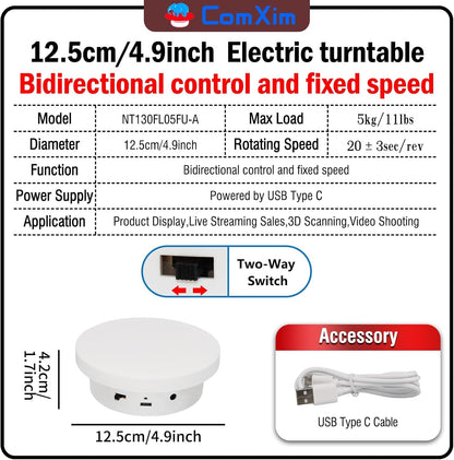 Motorized Rotating Display Stand 5.1In/11Lbs, Cup Display Turner, 360 Photography Turntable for Tumbler, Spinning Platform for Jewelry Display, Electric Turntable for Epoxy Glitter Tumbler(13Cm White)