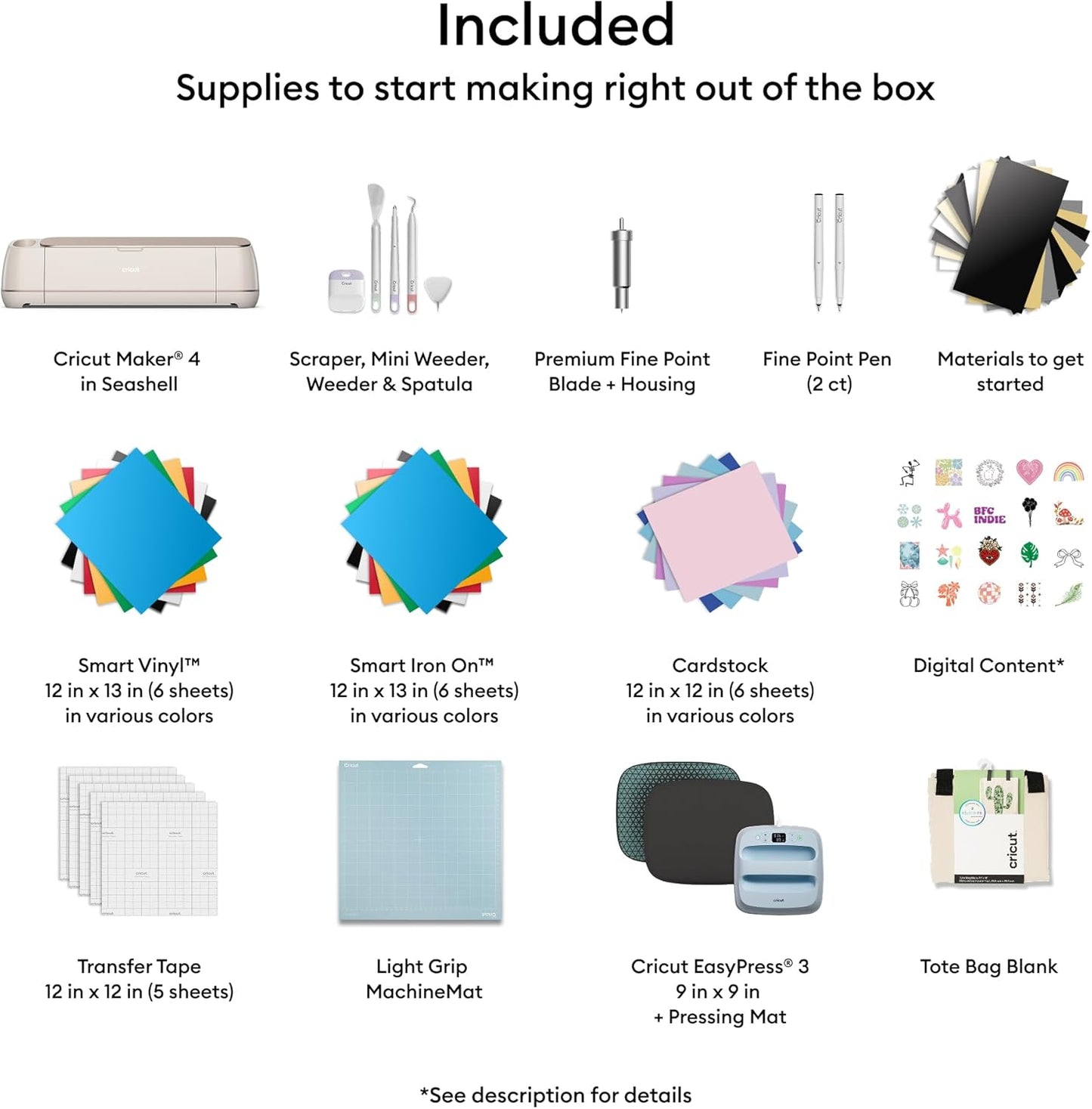 Maker 4 - Smart Cutting Machine (Seashell) | Engagement plus Bundle - Includes Easypress 3 Heat Press (9X9) + Mat, Tote Bag, Material Samplers, Machine Mat, Pens, Tools, & 25 Digital Images