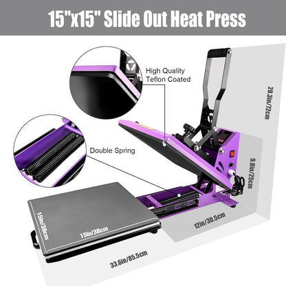 Bettersub Heat Press Machine 15X15 Inch, Digital Slide Out Drawer Heat Press for T-Shirts, 1000W Heat Press Machine for DTF, Sublimation, HTV Transfers, with LCD Control Panel & Pressure Adjustment