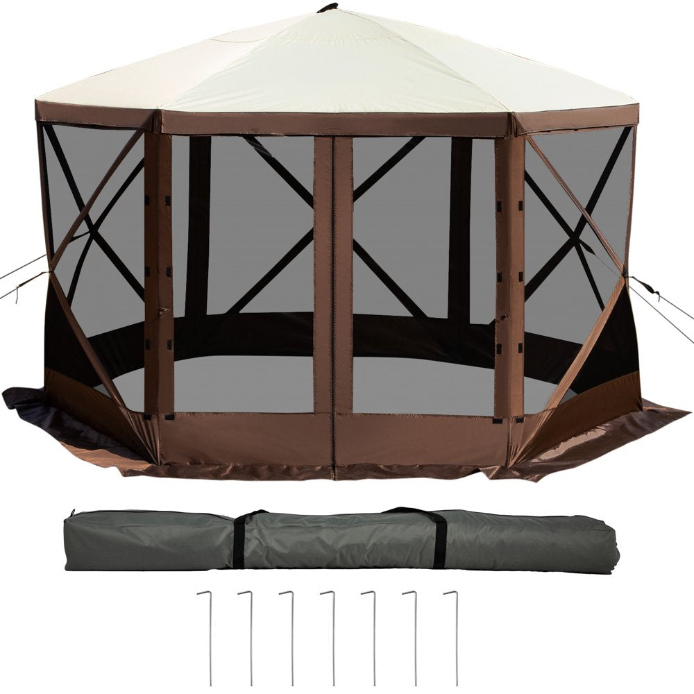 brand Camping Gazebo Tent, 12'X12', 6 Sided Pop-Up Canopy Screen Tent for 8 Person Camping, Waterproof Screen Shelter W/Portable Storage Bag, Ground Stakes, Mesh Windows, Brown & Beige