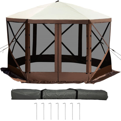 brand Camping Gazebo Tent, 12'X12', 6 Sided Pop-Up Canopy Screen Tent for 8 Person Camping, Waterproof Screen Shelter W/Portable Storage Bag, Ground Stakes, Mesh Windows, Brown & Beige