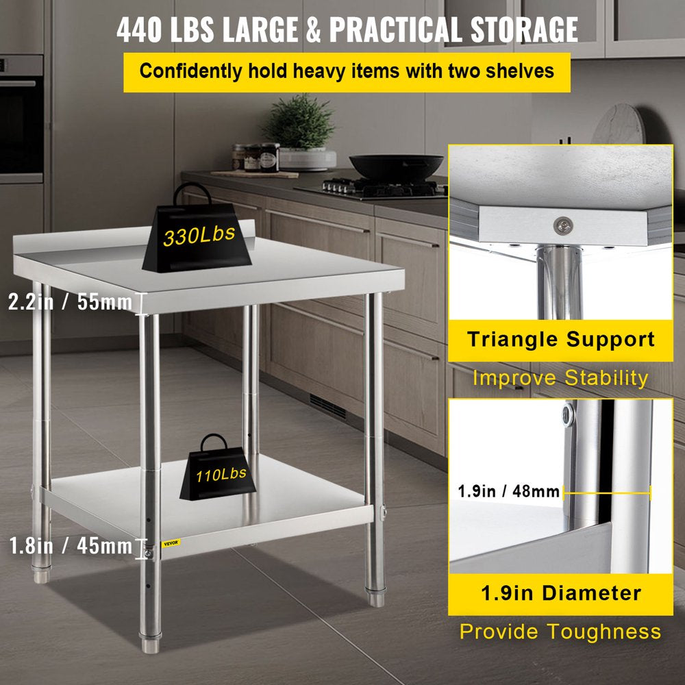 Stainless Steel Prep Table, 30 X 24 X 35 Inch, 440Lbs Load Capacity Heavy Duty Metal Worktable with Backsplash and Adjustable Undershelf, Commercial Workstation for Kitchen Restaurant