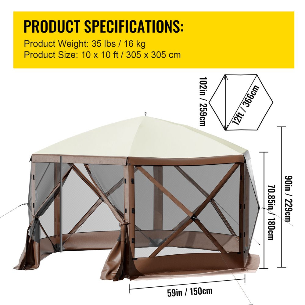 brand Camping Gazebo Tent, 10'X10', 6 Sided Pop-Up Canopy Screen Tent for 8 Person Camping, Waterproof Screen Shelter W/ Portable Storage Bag, Ground Stakes, Mesh Windows, Brown & Beige