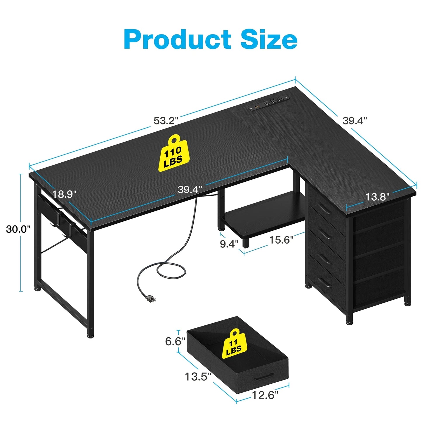 L Shaped Computer Desk with Charging Station, 53 Inch PC Table Study Desk 4 Tier Drawers, Modern Simple Style Laptop Desk for Bedroom, Black