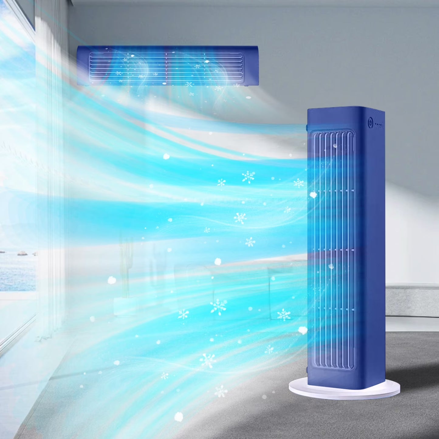 Portable Air Conditioner Fan for Bedroom, Bladeless Air Cooler, Rechargeable, Quiet, Wall-Mountable AC Fan for Small Rooms, Office, Dorm Use (Blue)