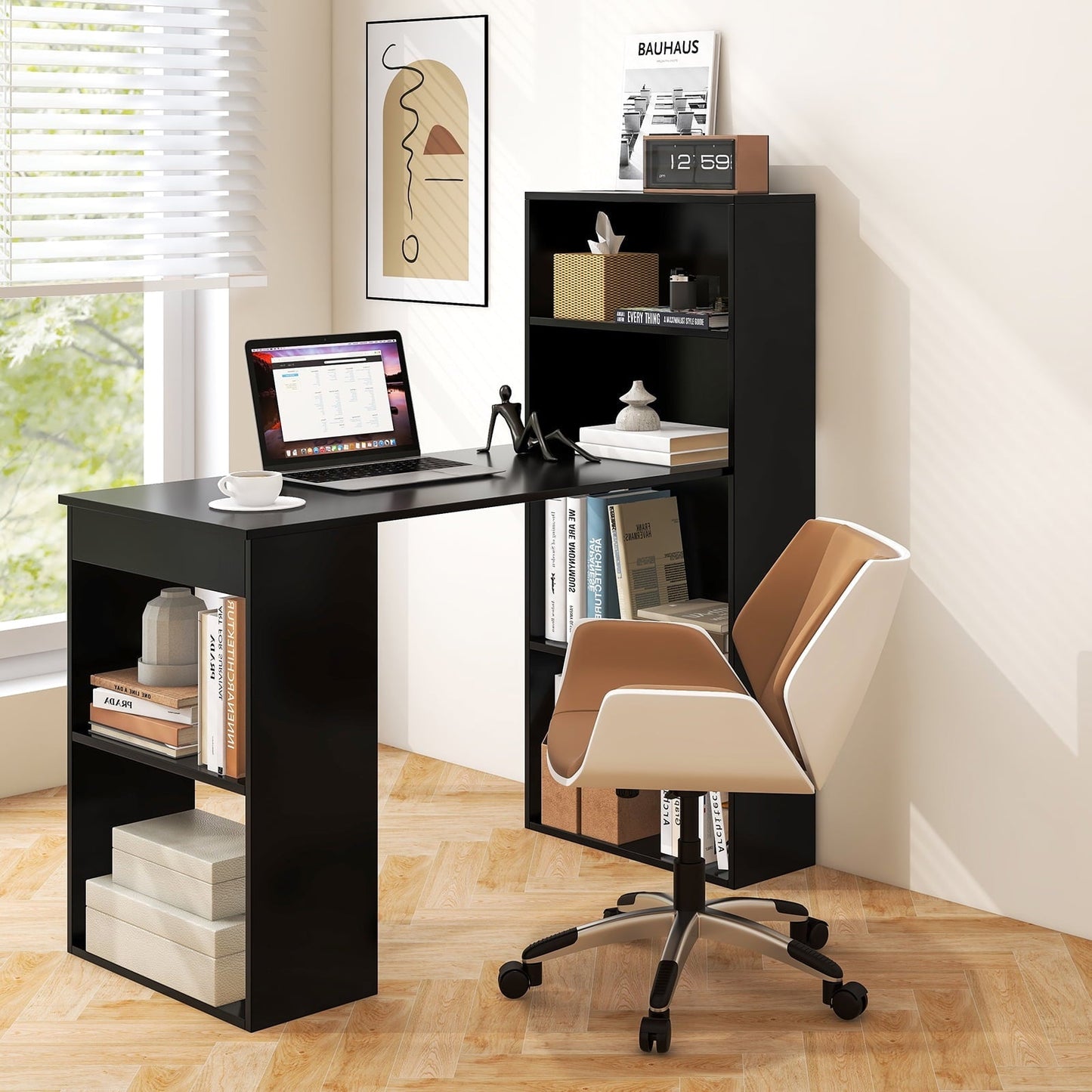 Computer Desk Writing Workstation Office W/6-Tier Storage Shelves Black