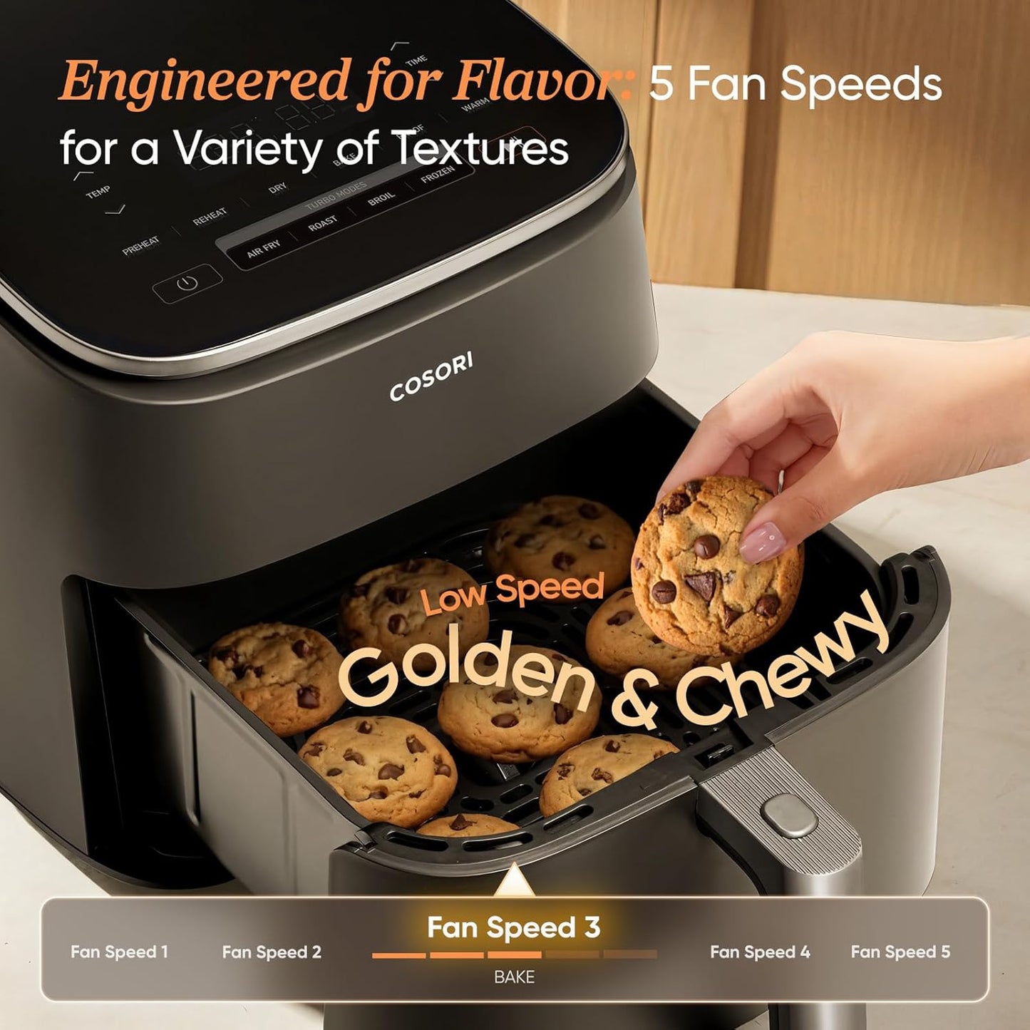 Cosori Turboblaze Air Fryer, 9-In-1, 6 Qt, Pfas-Free Ceramic Coating | 90°–450°F, 5 Level Fan Speeds, 9 in 1 Air Fry, Roast, Bake, Broil, Dry, Frozen, Proof, Reheat, Keep Warm, Safety Lock, 1725W