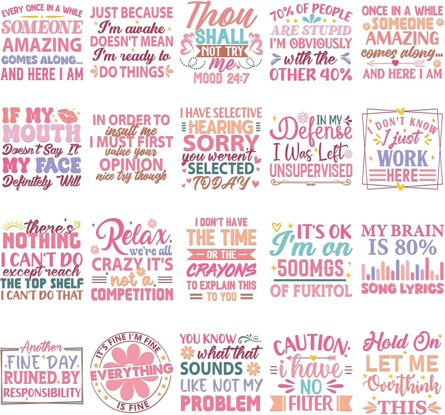 Sarcastic Quotes DTF Transfers Ready to Press - 20 Sheets Pink Iron on Transfers Iron on Decals Vinyl Design for Clothing Pillow Backpack Hoodie Hat Bag DIY Costume Craft