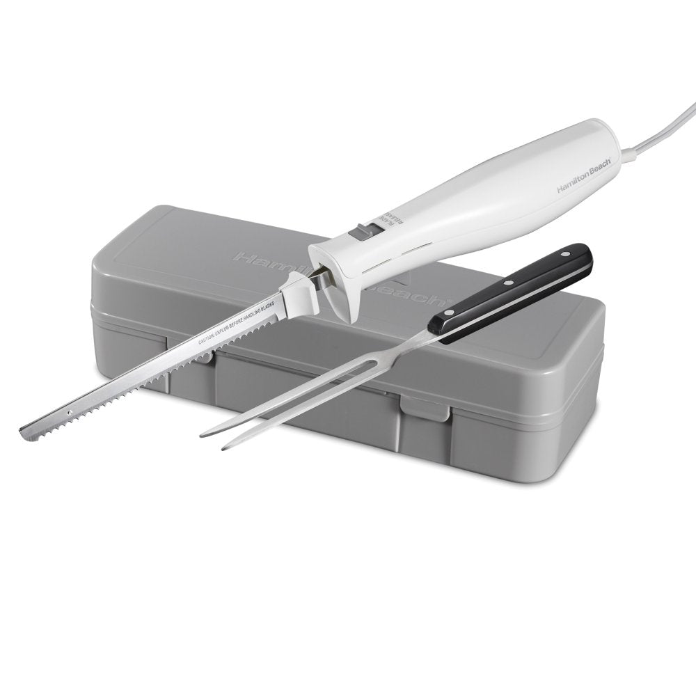 Electric Knife Set with Fork and Case, Ergonomic Design, Stainless Steel Reciprocating Blades, White, 74251