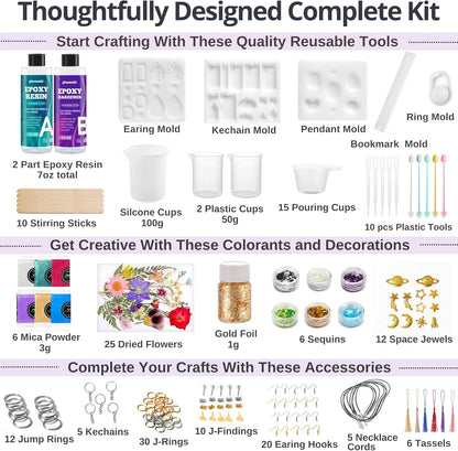 Piccassio Epoxy Resin Kit for Beginners – 208-Piece Jewelry Making & Craft Kit with Molds, Dried Flowers, Glitter & Tools – Complete Starter Set for Keychains, Bookmarks, Pendants & DIY Resin Art