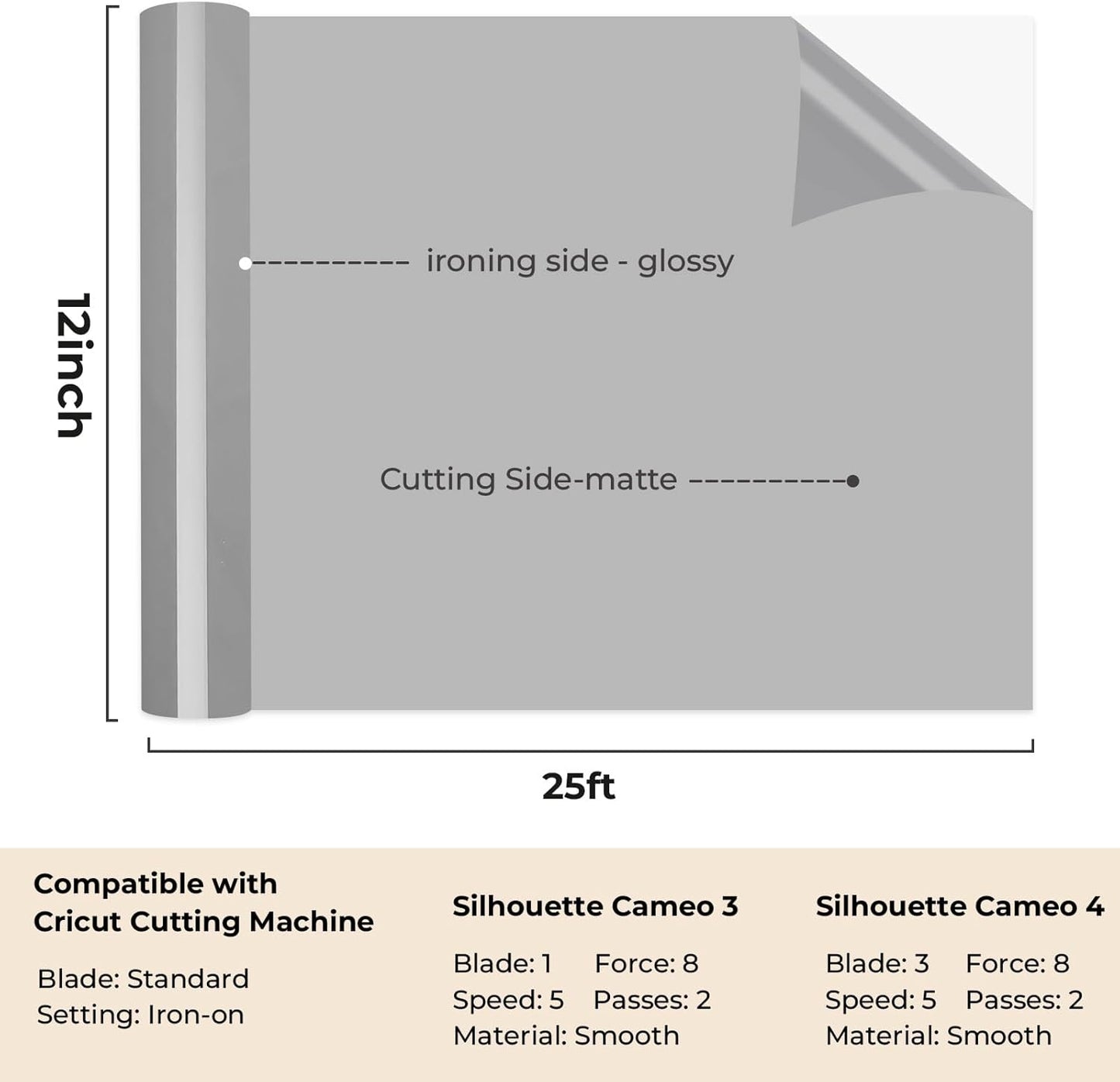 HTV Roll Heat Transfer Vinyl - 12" X 25Ft Silver Iron on Vinyl for T-Shirts, Easy to Weed & Transfer HTV Vinyl - Compatible with All Cutting Machine