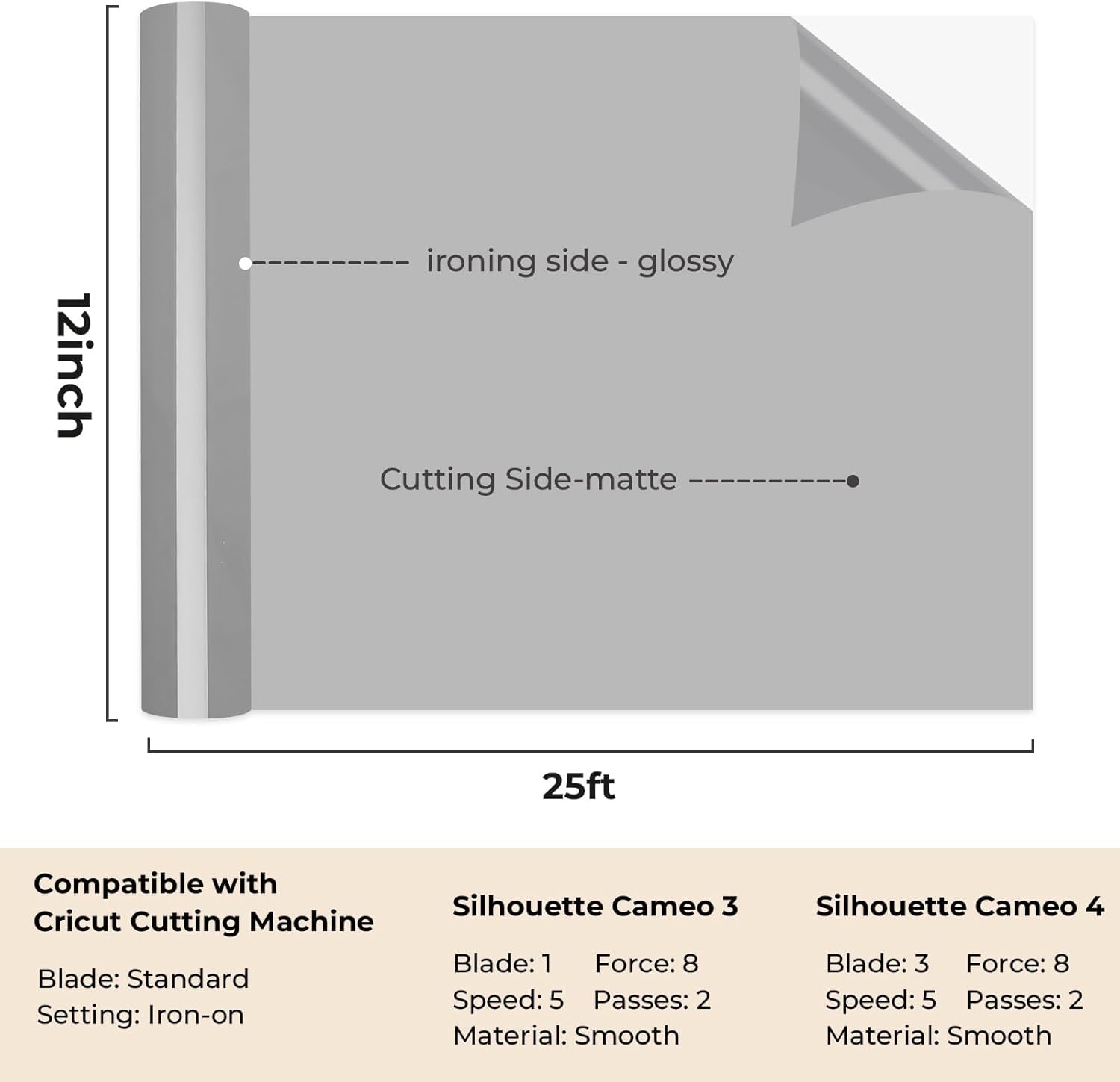 HTV Roll Heat Transfer Vinyl - 12" X 25Ft Silver Iron on Vinyl for T-Shirts, Easy to Weed & Transfer HTV Vinyl - Compatible with All Cutting Machine