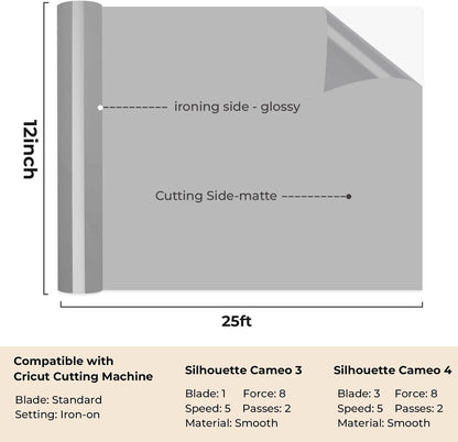 HTV Roll Heat Transfer Vinyl - 12" X 25Ft Silver Iron on Vinyl for T-Shirts, Easy to Weed & Transfer HTV Vinyl - Compatible with All Cutting Machine