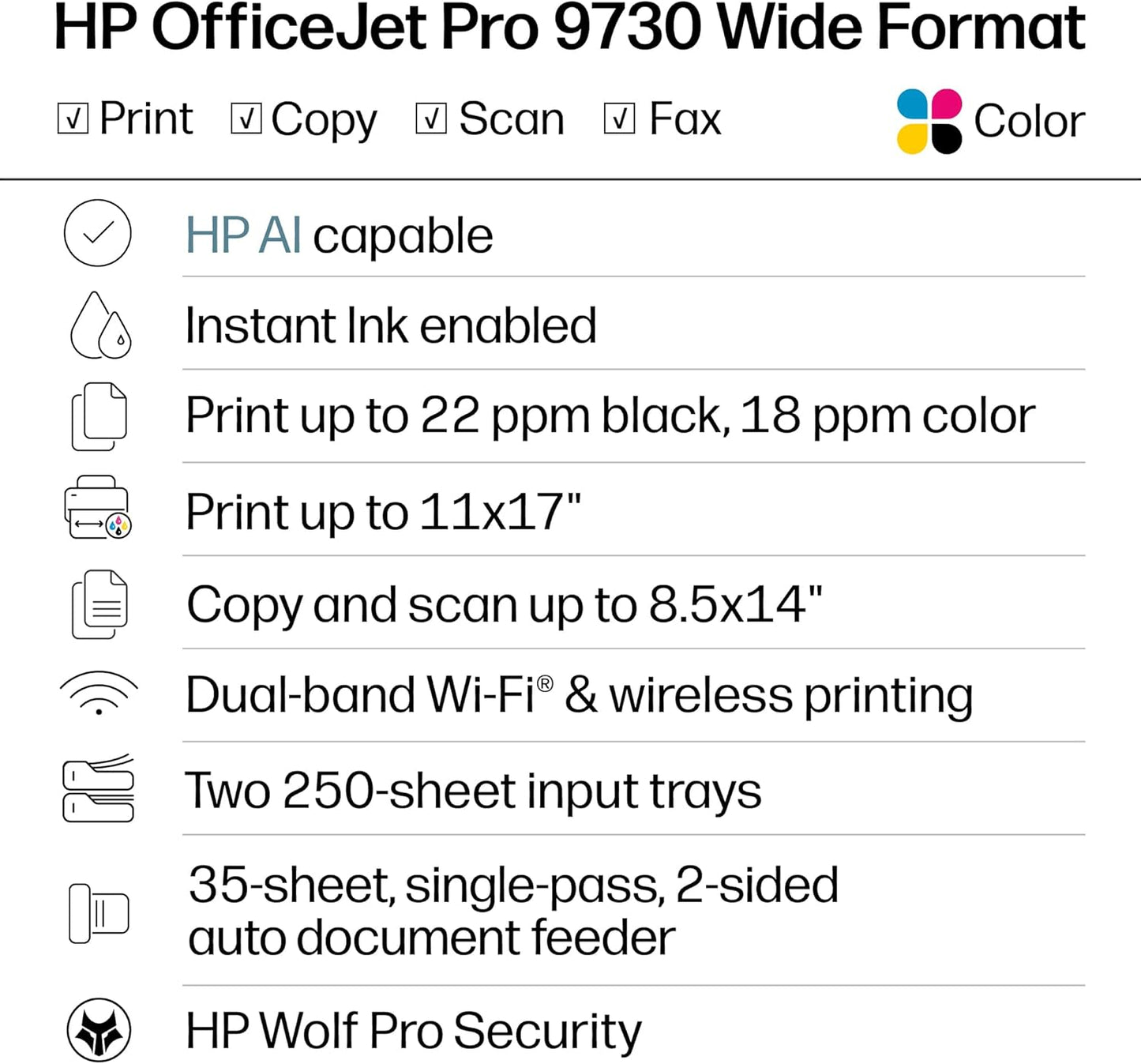 HP Officejet Pro 9730 Wide-Format Wireless All-In-One Color Inkjet Printer, Print, Scan, Copy, Fax, up to 11X17 ADF, Duplex Print/Scan, Best-For-Office, 3 Month Trial of Instant Ink Included(C2Wh0A)